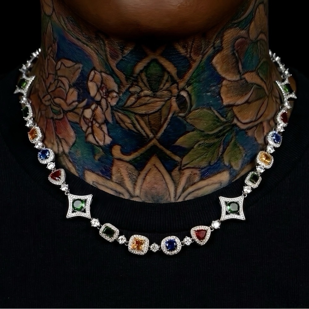 Silver Multicolor Gemstone  Necklace - 20inch